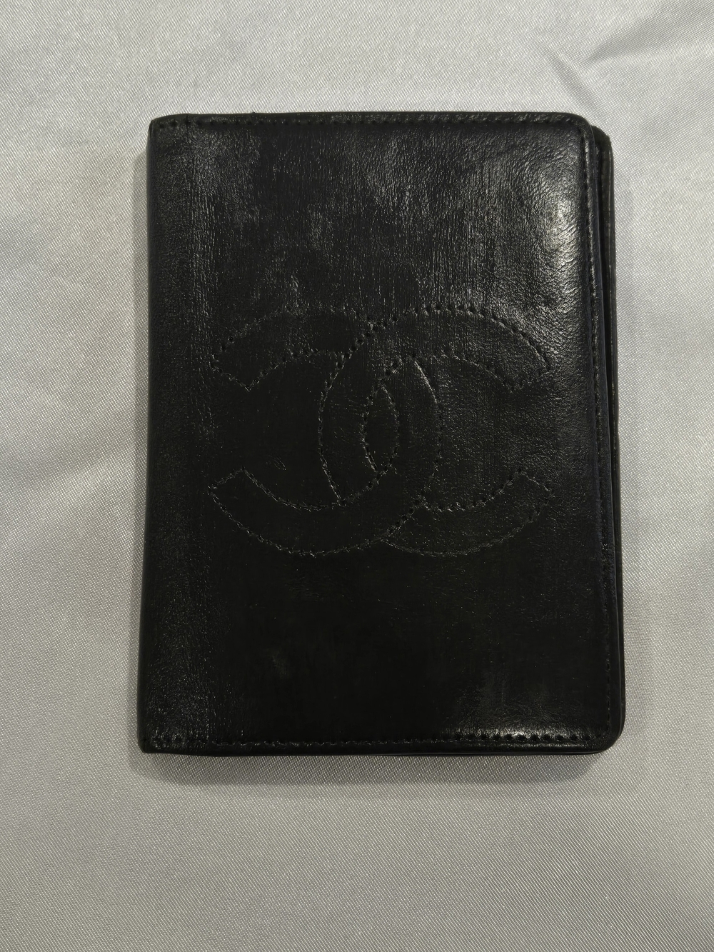 CHANEL Authentic Black Stitched CC Leather Card Holder With COA